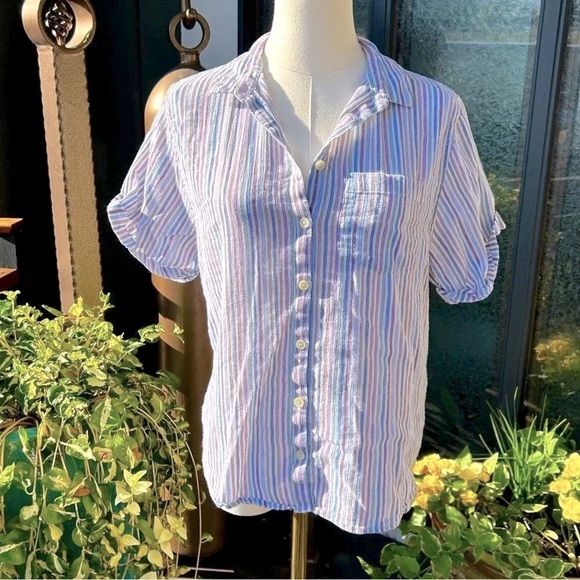 Madewell Chronicle Button Down Short Sleeve Shirt Blouse in Rainbow Stripe / XS - Picture 1 of 5